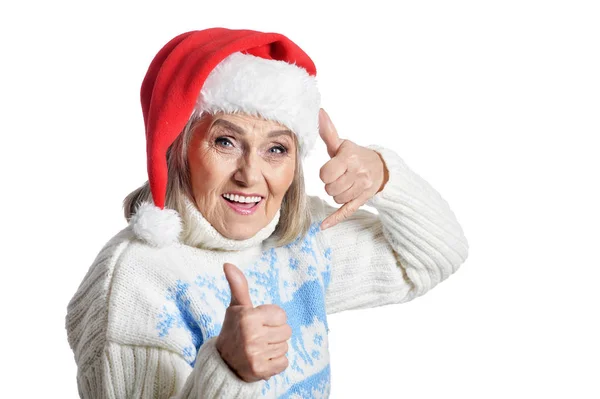 Porträtt Senior Kvinna Santa Hatt Visar Kalla Mig Tecken Och — Stockfoto