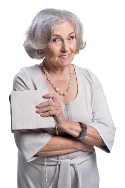 Portret Van Mooie Senior Vrouw Met Zak Geïsoleerd Witte Achtergrond — Stockfoto