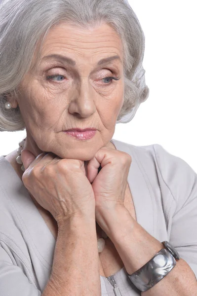 Ritratto Bella Donna Anziana Triste Posa Isolata Sfondo Bianco — Foto Stock