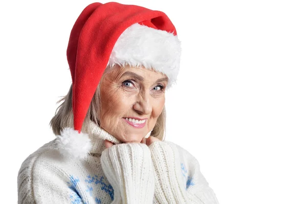 Porträt Einer Seniorin Mit Weihnachtsmütze Auf Weißem Hintergrund — Stockfoto