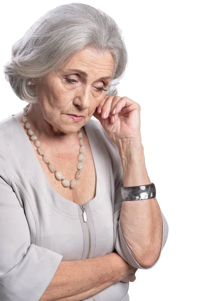 Triste Mulher Idosa Isolado Fundo Branco — Fotografia de Stock