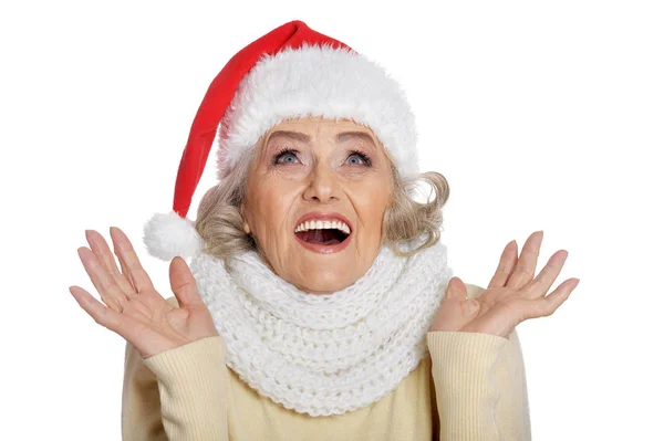 Портрет Пожилой Женщины Шляпе Санта Изолированы Белом Фоне — стоковое фото