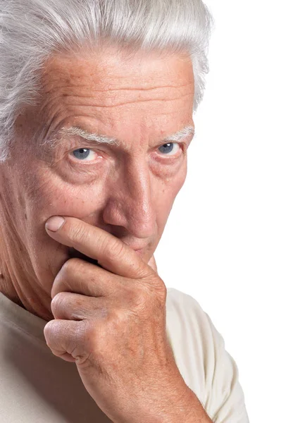 Pensativo Homem Sênior Posando Isolado Fundo Branco — Fotografia de Stock