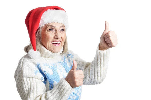 Porträt Einer Seniorin Mit Weihnachtsmütze Die Auf Weißem Hintergrund Vereinzelt — Stockfoto