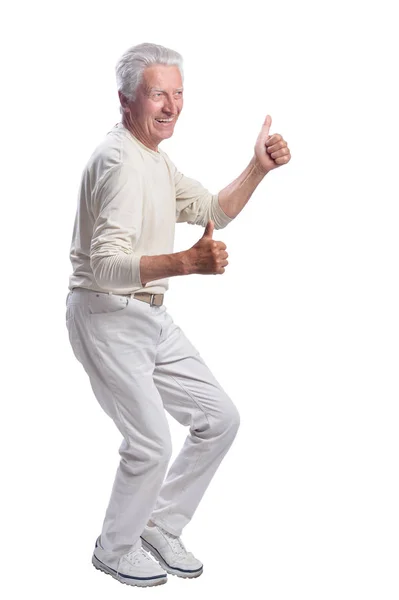 Щасливий Старший Чоловік Показує Великі Пальці Вгору Ізольовані Білому Тлі — стокове фото