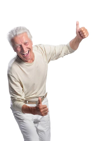 Happy Senior Man Showing Thumbs Isolated White Background — Stock Photo, Image