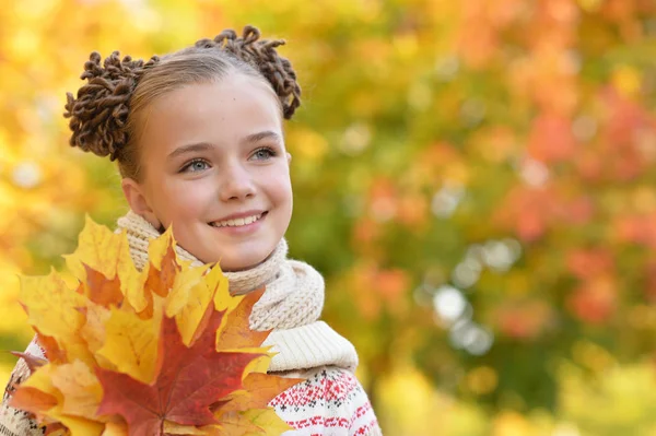 Porträt Eines Hübschen Kleinen Mädchens Das Herbstlichen Park Ruht — Stockfoto