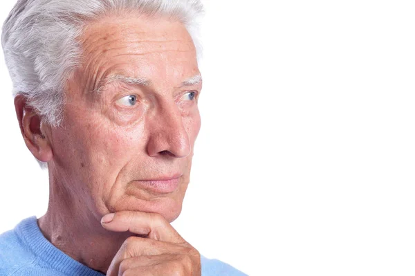 Thoughtful Senior Man Posing Isolated White Background — Stock Photo, Image