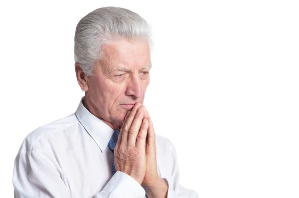 Close Portrait Senior Businessman Formal Wear Praying Isolated White Background — Stock Photo, Image