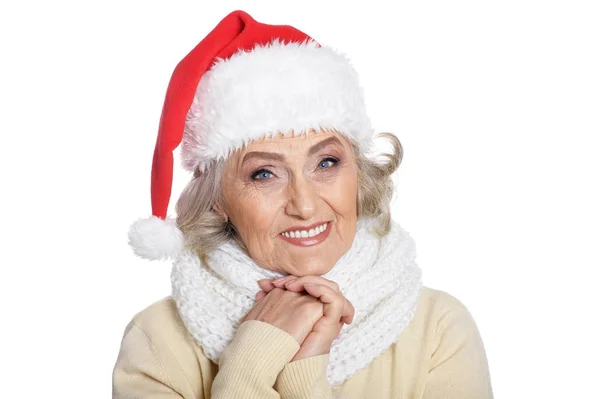 Porträt Einer Seniorin Mit Weihnachtsmütze Auf Weißem Hintergrund — Stockfoto