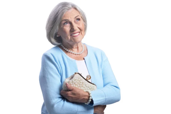 Portrait Beautiful Senior Woman Purse Isolated White Background — Stock Photo, Image