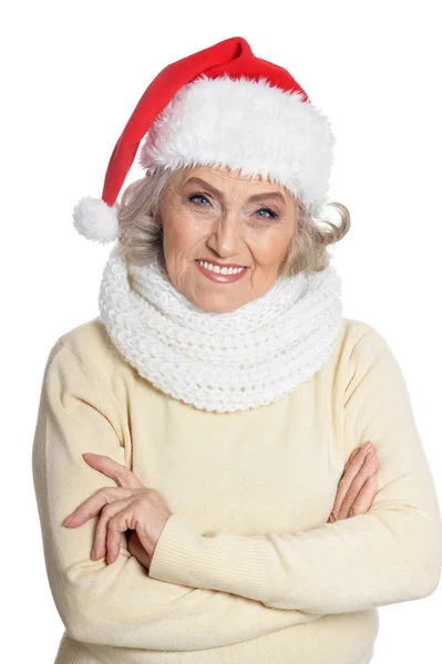 Porträt Einer Seniorin Mit Weihnachtsmütze Auf Weißem Hintergrund — Stockfoto