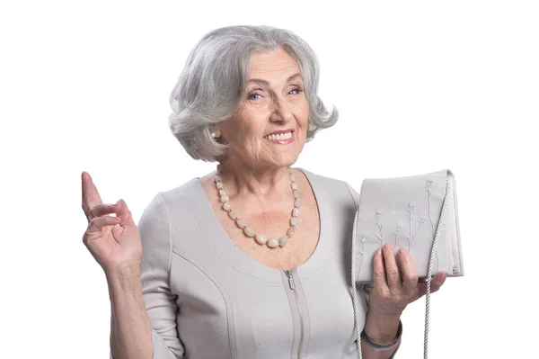 Portret Van Mooie Senior Vrouw Met Portemonnee Poseren Geïsoleerd Witte — Stockfoto