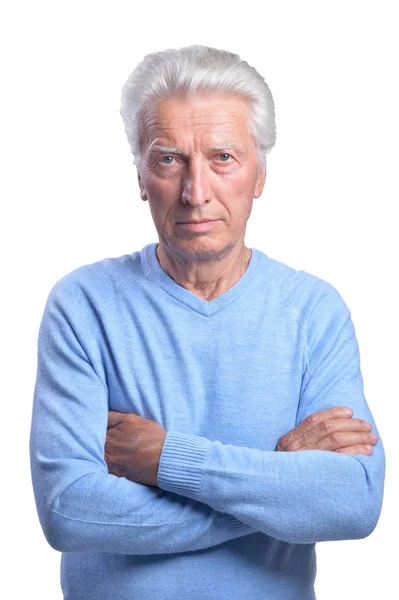 Thoughtful Senior Man Posing Isolated White Background — Stock Photo, Image