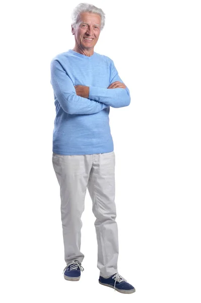 Volle Länge Des Älteren Mannes Posiert Auf Weißem Hintergrund — Stockfoto