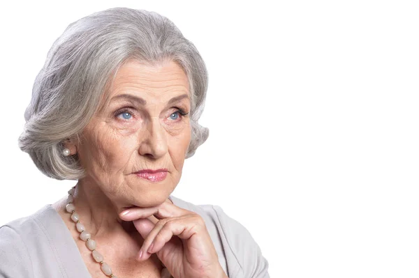 Retrato Una Hermosa Mujer Mayor Posando Aislada Sobre Fondo Blanco — Foto de Stock