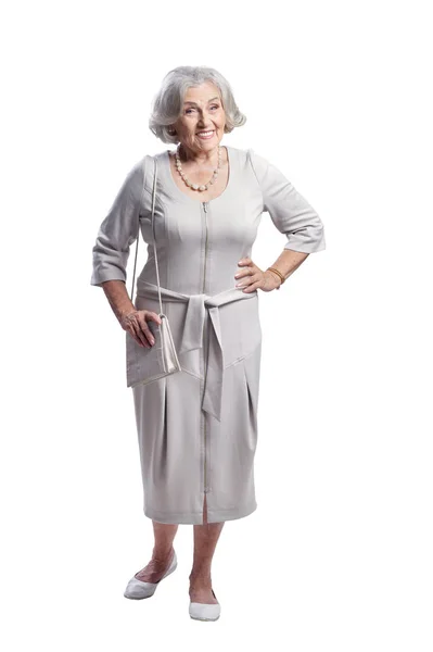 Portret Van Gelukkig Senior Vrouw Poseren Geïsoleerd Witte Achtergrond — Stockfoto