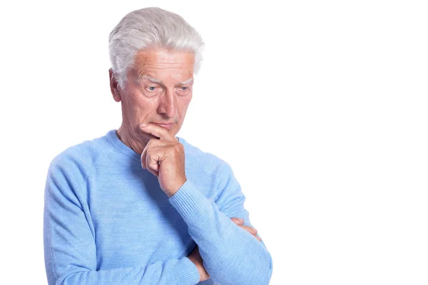 Pensativo Homem Sênior Posando Isolado Fundo Branco — Fotografia de Stock