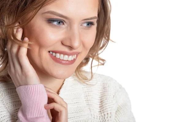 Retrato Una Hermosa Joven Posando Aislada Sobre Blanco — Foto de Stock