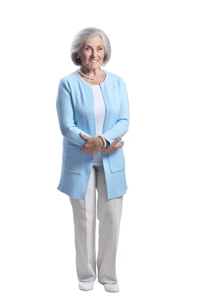 Portrait Happy Senior Woman Posing Isolated White Background — Stock Photo, Image