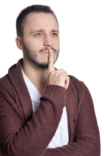 Ritratto Giovane Uomo Gesticolare Segno Silenzio Isolato Sfondo Bianco — Foto Stock