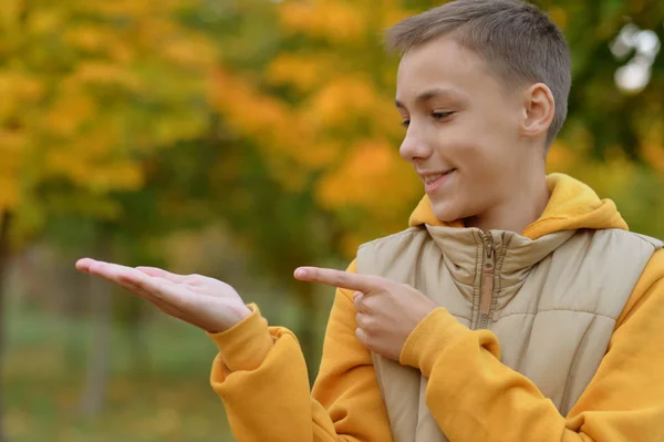 Portrait Teenage Boy Pointing Left Outdoors — Stock Photo, Image