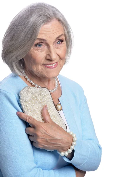 Portrét Šťastné Starší Ženy Pózující Izolované Bílém Pozadí — Stock fotografie