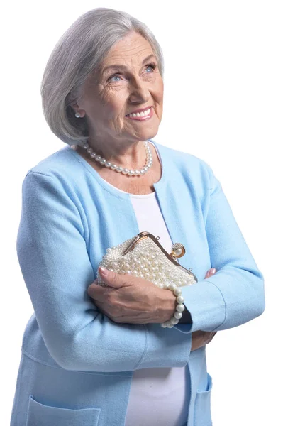 Portrét Šťastné Starší Ženy Pózující Izolované Bílém Pozadí — Stock fotografie