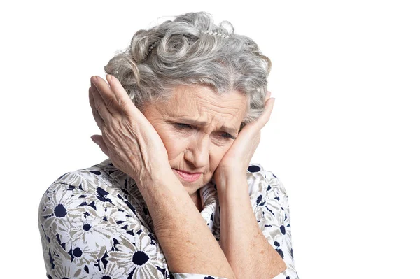 Triest Senior Vrouw Geïsoleerd Witte Achtergrond — Stockfoto