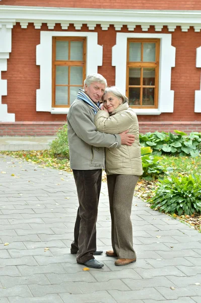 Feliz Pareja Ancianos Abrazándose Por Construcción — Foto de Stock