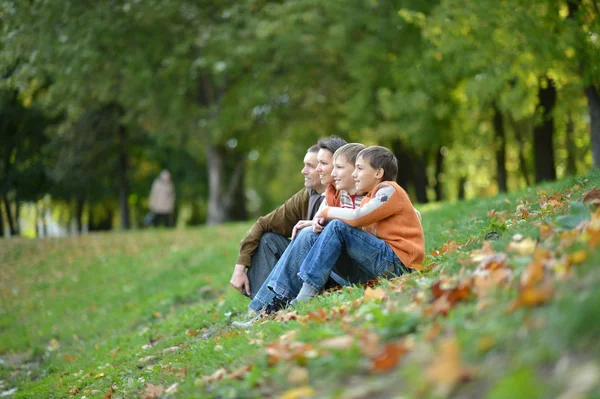 Rodzina Czterech Pozowanie Siedząc Trawie — Zdjęcie stockowe