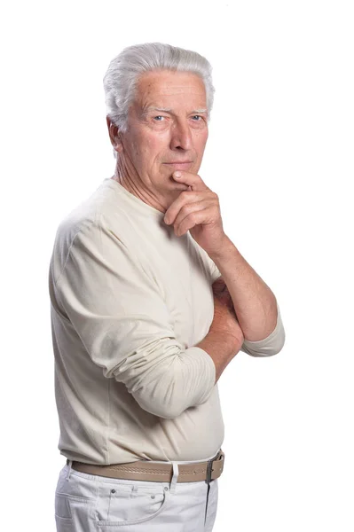 思いやりのある年配の男性に孤立した白い背景のポーズ — ストック写真