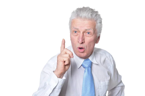 Close Portrait Senior Businessman Formal Wear Pointing Finger Isolated White — Stock Photo, Image