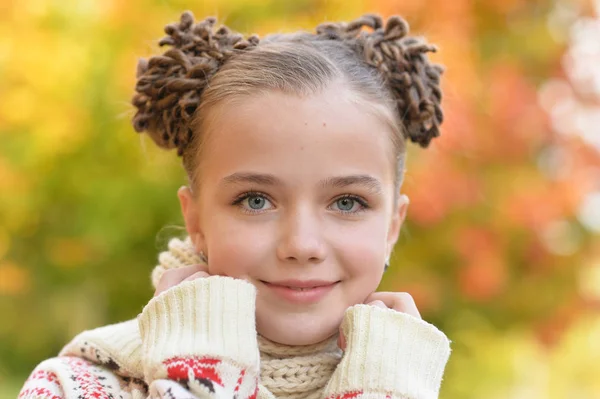 Portret Całkiem Mała Dziewczynka Pozowanie Jesienny Park — Zdjęcie stockowe
