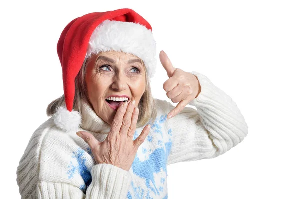 Porträtt Senior Kvinna Santa Hatt Visar Ring Mig Logga Isolerad — Stockfoto