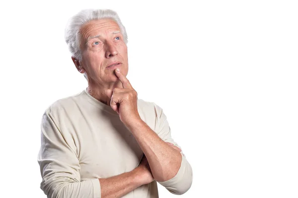 Zamyšleně Starší Muž Představuje Izolované Bílém Pozadí — Stock fotografie