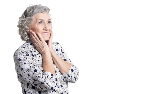 Ritratto Bella Donna Anziana Posa Isolata Sfondo Bianco — Foto Stock