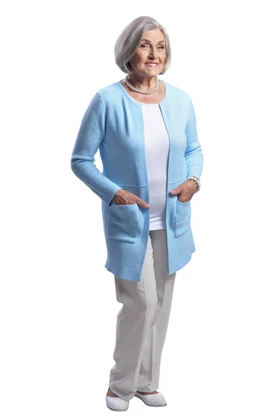 Retrato Mujer Mayor Feliz Posando Aislada Sobre Fondo Blanco — Foto de Stock