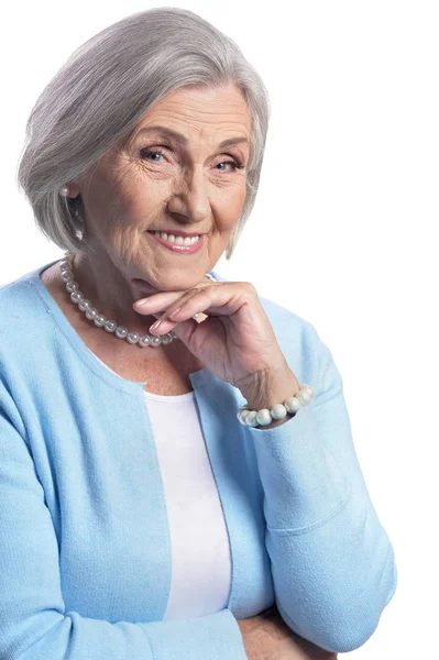 Retrato Mujer Mayor Feliz Posando Aislada Sobre Fondo Blanco — Foto de Stock