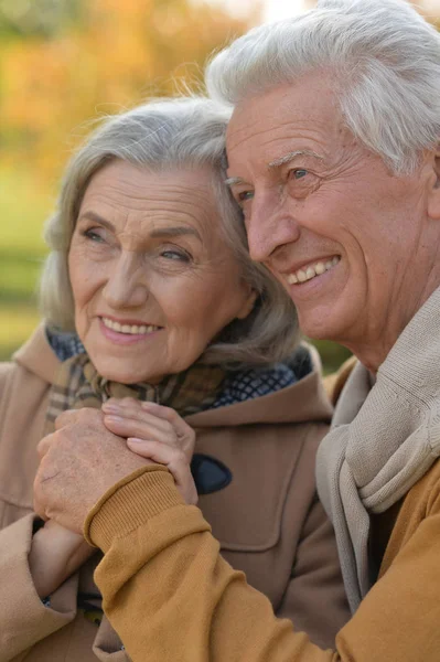 Пожилая пара обнимается в парке — стоковое фото