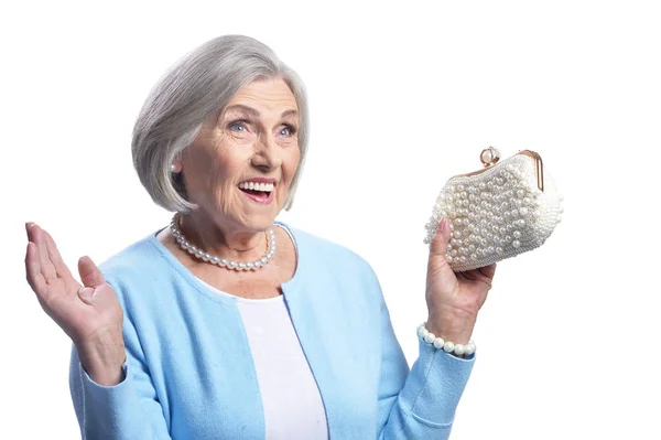Porträtt Lycklig Senior Kvinna Poserar Isolerad Vit Bakgrund — Stockfoto