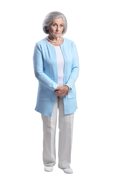 Portret Van Mooie Triest Senior Vrouw Poseren Geïsoleerd Witte Achtergrond — Stockfoto