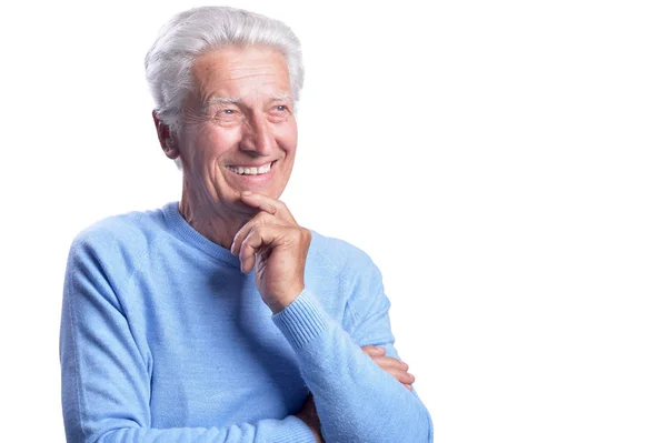 Gelukkig Senior Man Poseren Geïsoleerd Witte Achtergrond — Stockfoto