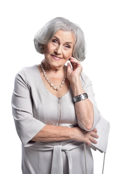 Portrait Happy Senior Woman Posing Isolated White Background — Stock Photo, Image