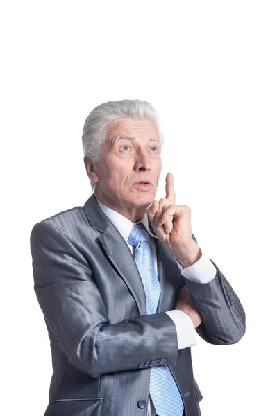 Close Portrait Senior Businessman Formal Suit Pointing Finger Isolated White — Stock Photo, Image