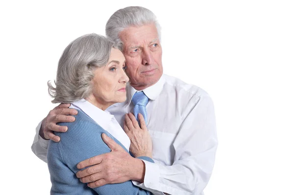 Portrait Senior Couple Hugging White Background — Stock Photo, Image