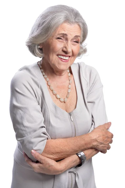 Portret Van Mooie Senior Vrouw Lachen Geïsoleerd Witte Achtergrond — Stockfoto