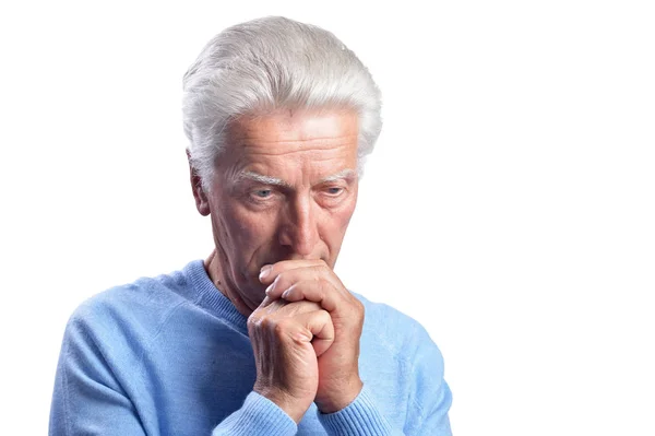 Tankeväckande Senior Man Poserar Isolerade Vit Bakgrund — Stockfoto