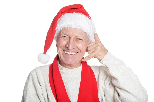 Portret Van Senior Man Kerstmuts Geïsoleerd Witte Achtergrond — Stockfoto