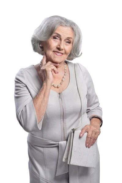 Portret Van Gelukkig Senior Vrouw Poseren Geïsoleerd Witte Achtergrond — Stockfoto